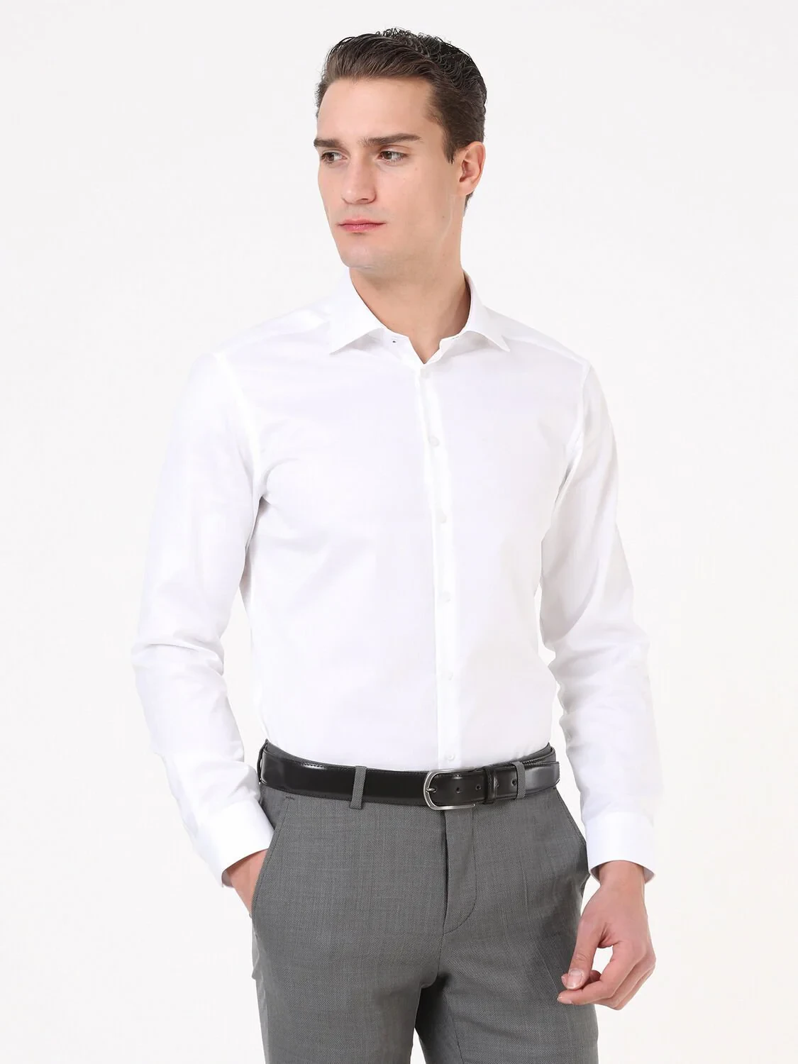 White Plain Slim Fit Weaving Classical 100% Cotton Shirt - 3