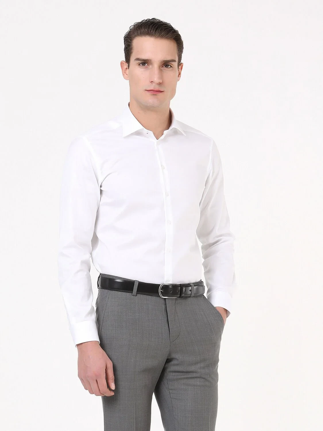White Plain Slim Fit Weaving Classical 100% Cotton Shirt - 4