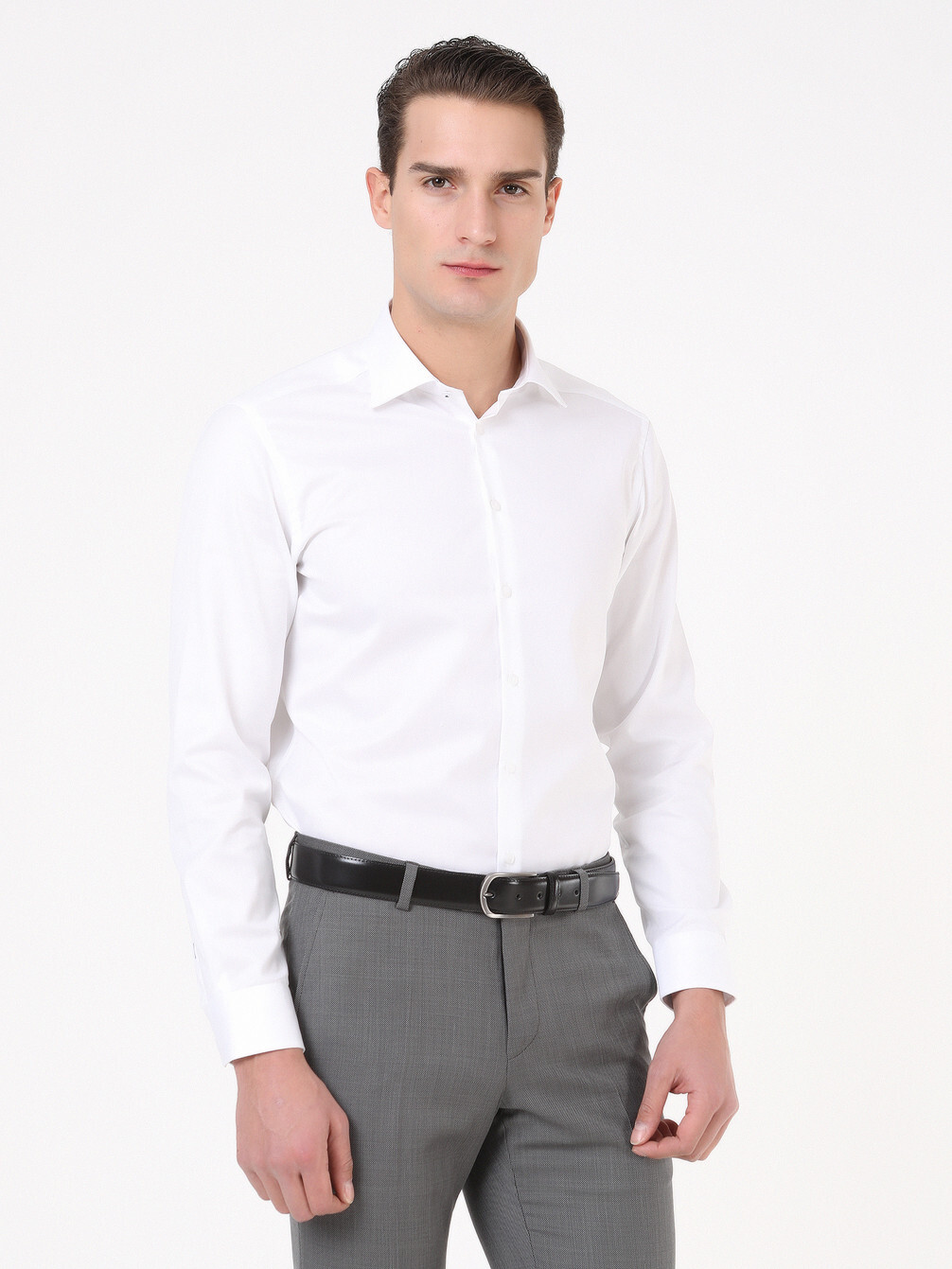 White Plain Slim Fit Weaving Classical 100% Cotton Shirt - 1
