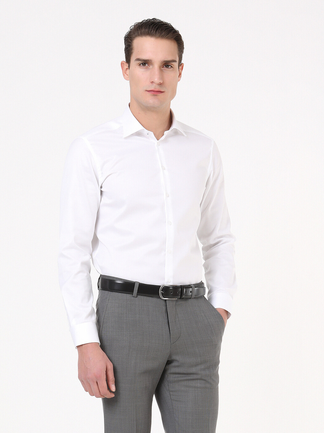 White Plain Slim Fit Weaving Classical 100% Cotton Shirt - 4