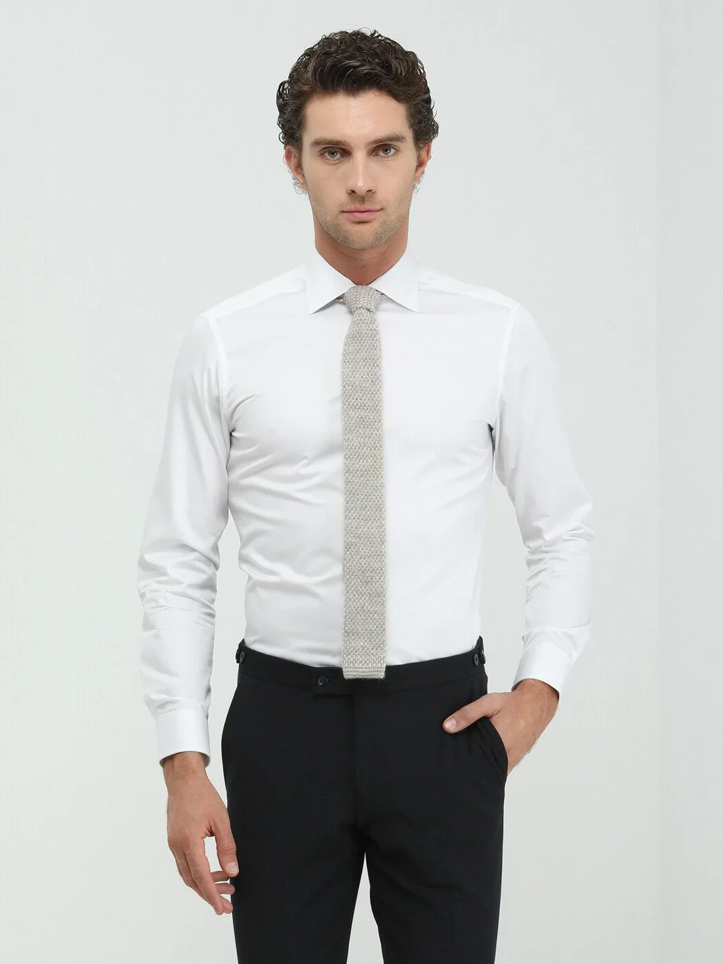 White Plain Slim Fit Weaving Classical 100% Cotton Shirt - 2