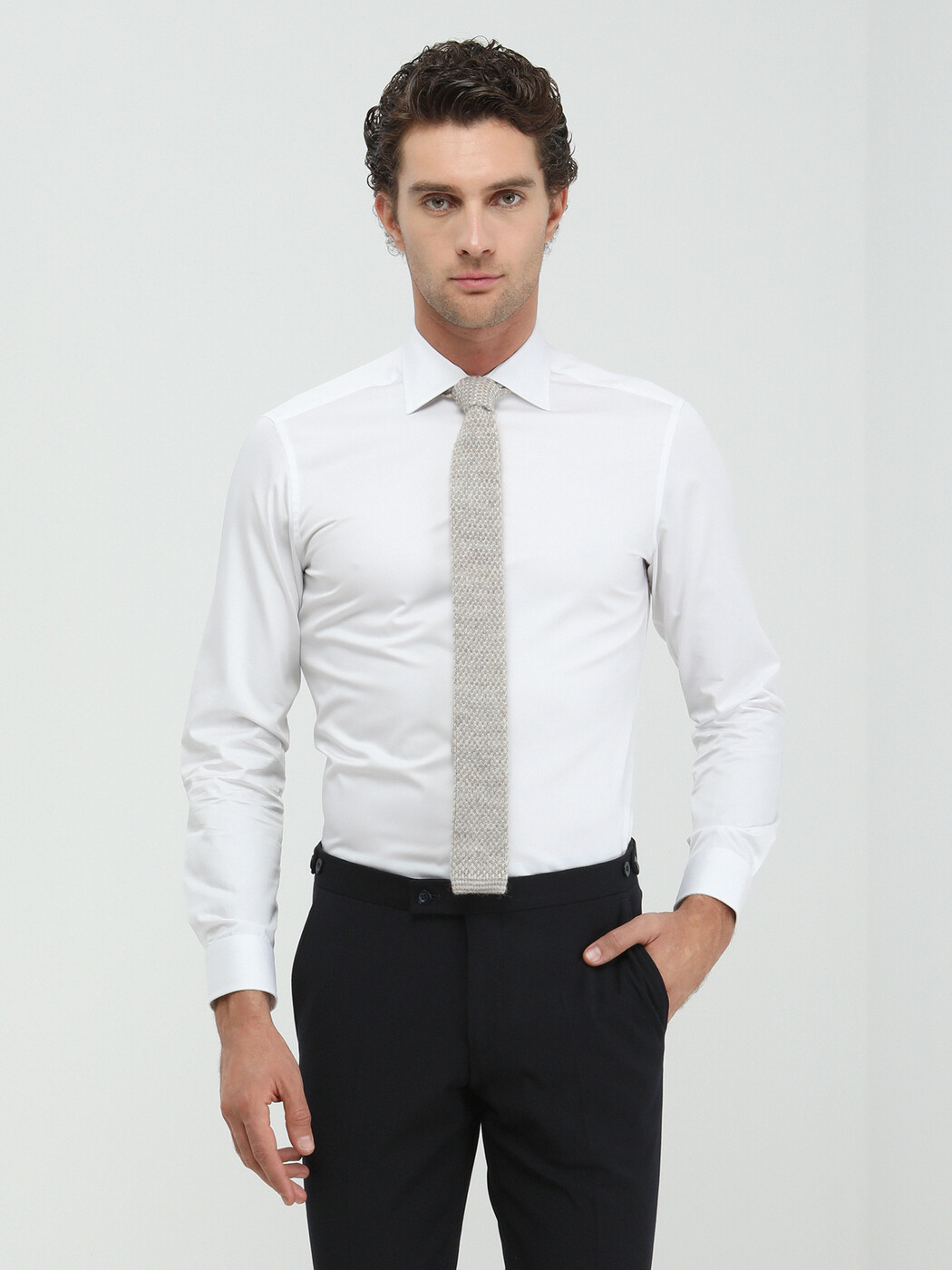 White Plain Slim Fit Weaving Classical 100% Cotton Shirt - 2