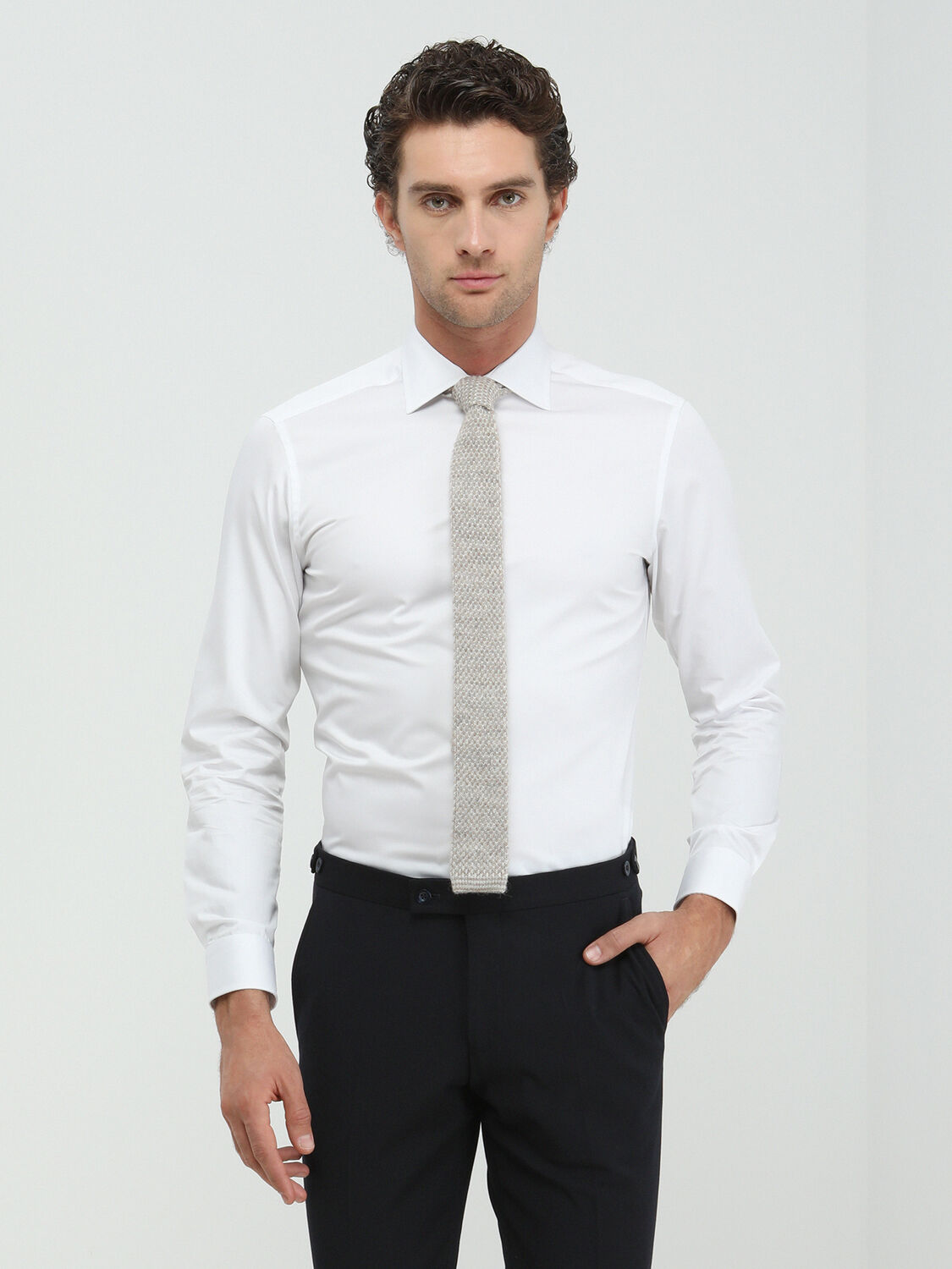 White Plain Slim Fit Weaving Classical 100% Cotton Shirt - 2