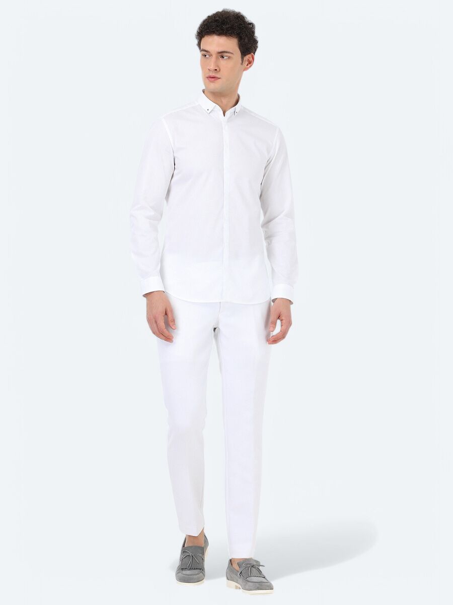 White Plain Slim Fit Weaving Classical 100% Cotton Shirt - 2
