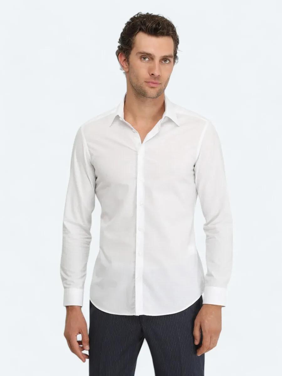 White Plain Slim Fit Weaving Classical 100% Cotton Shirt - 1