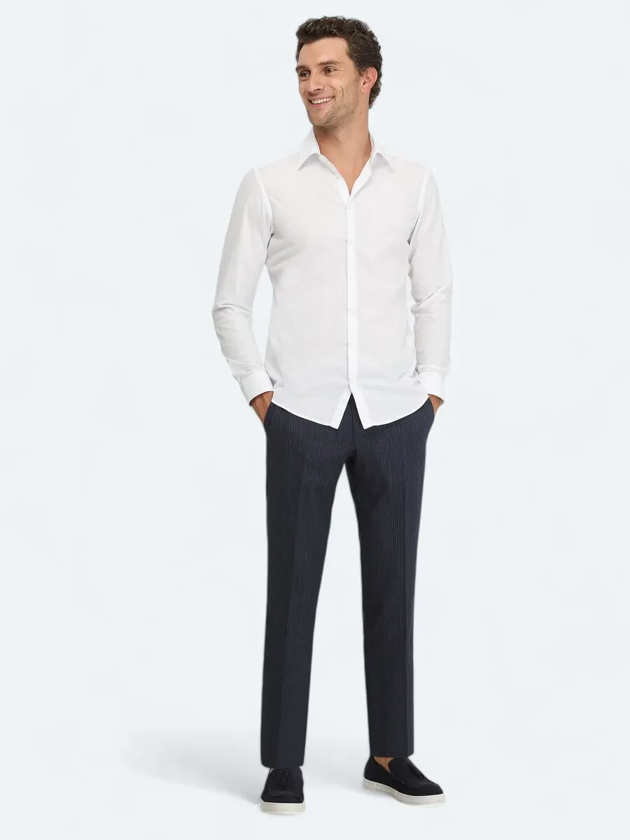 White Plain Slim Fit Weaving Classical 100% Cotton Shirt - 2