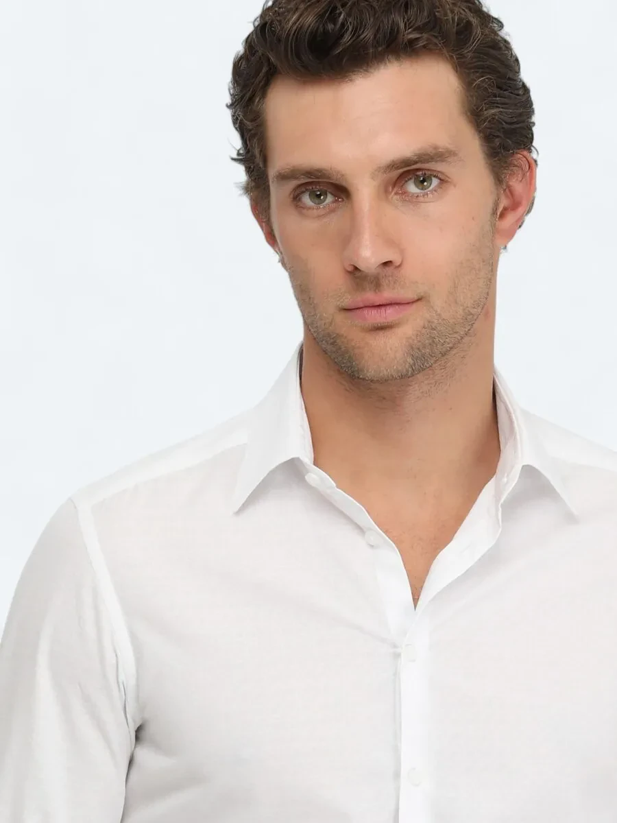 White Plain Slim Fit Weaving Classical 100% Cotton Shirt - 3