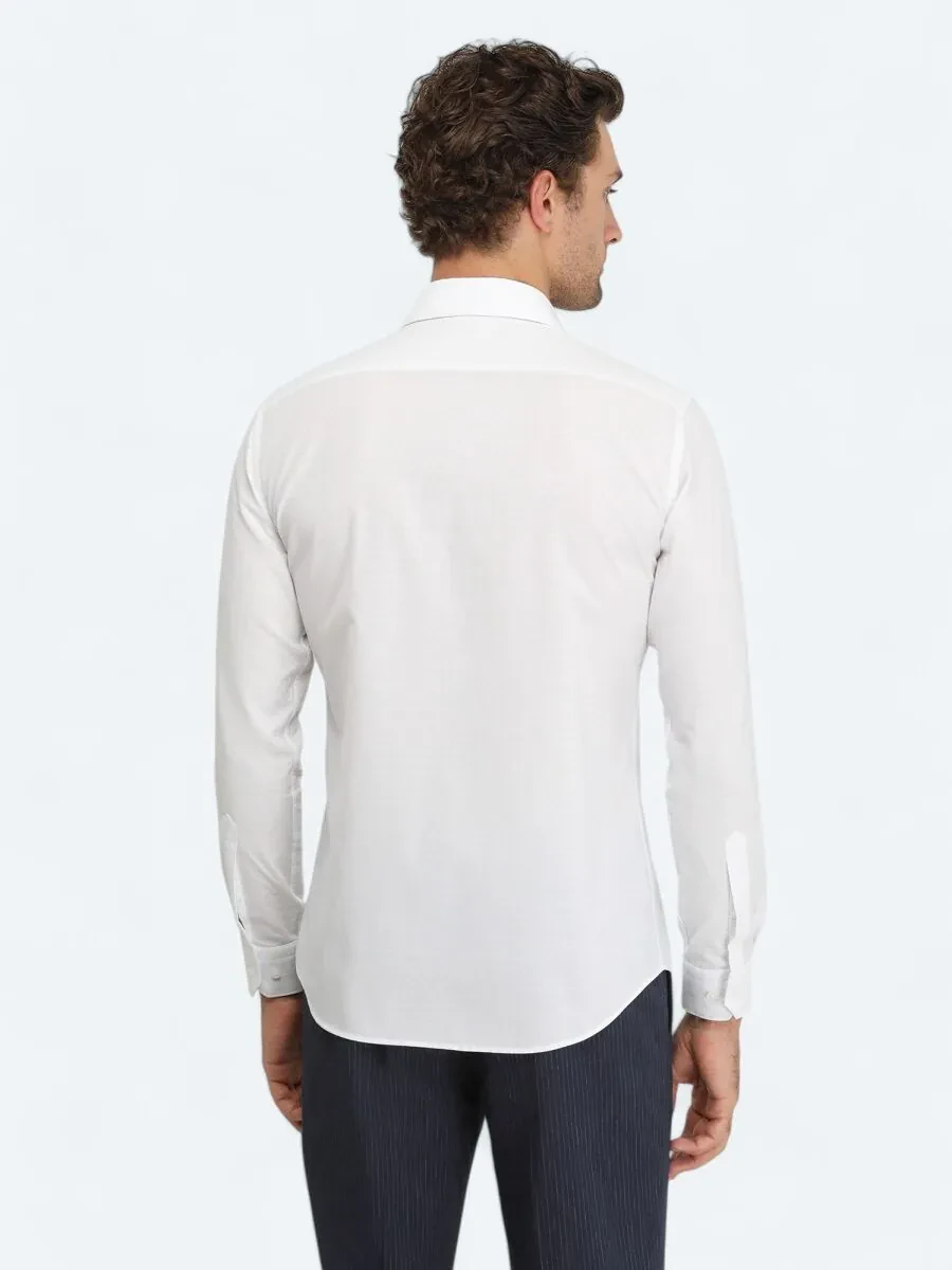 White Plain Slim Fit Weaving Classical 100% Cotton Shirt - 5