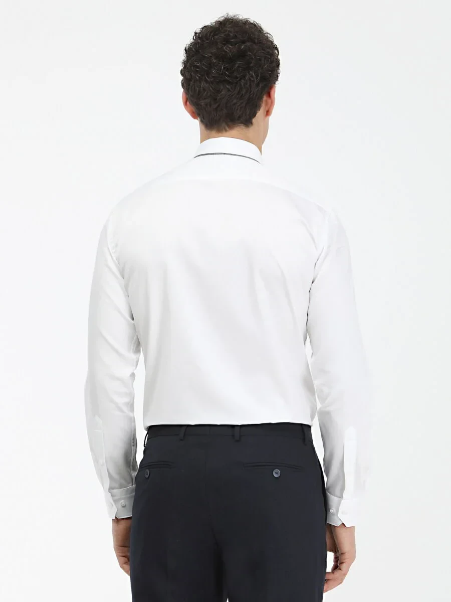 White Plain Slim Fit Weaving Classical 100% Cotton Shirt - 5