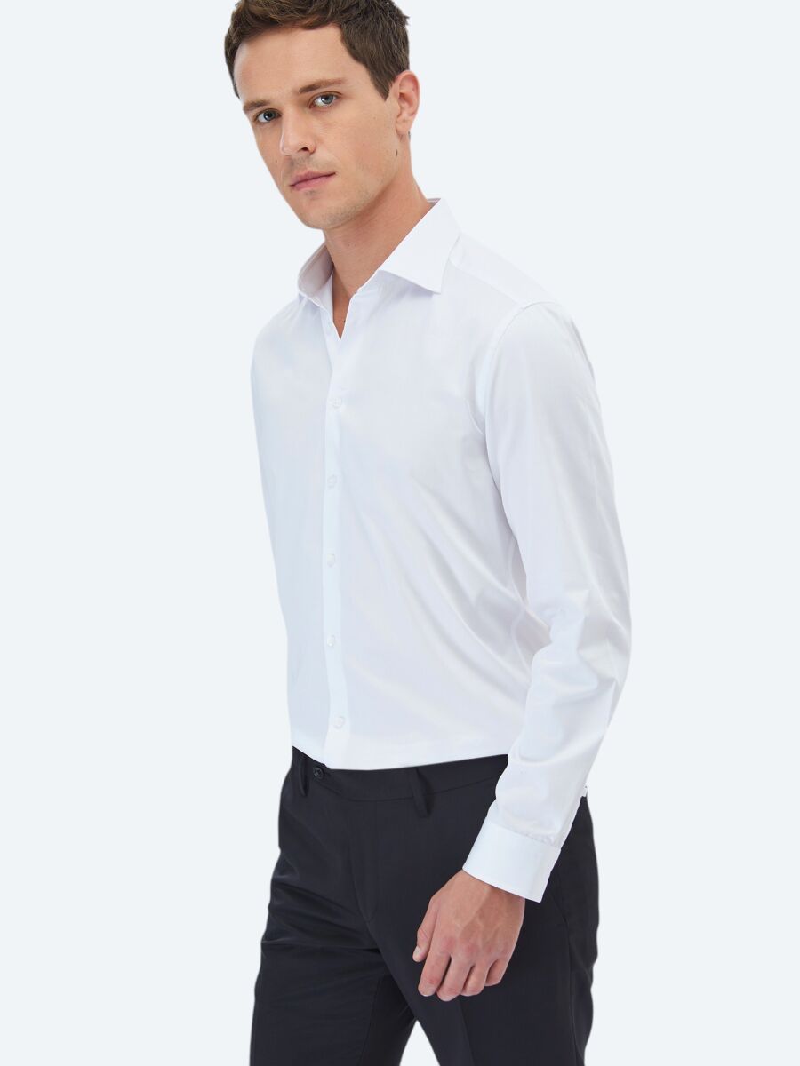 White Plain Slim Fit Weaving Classical 100% Cotton Shirt - 1