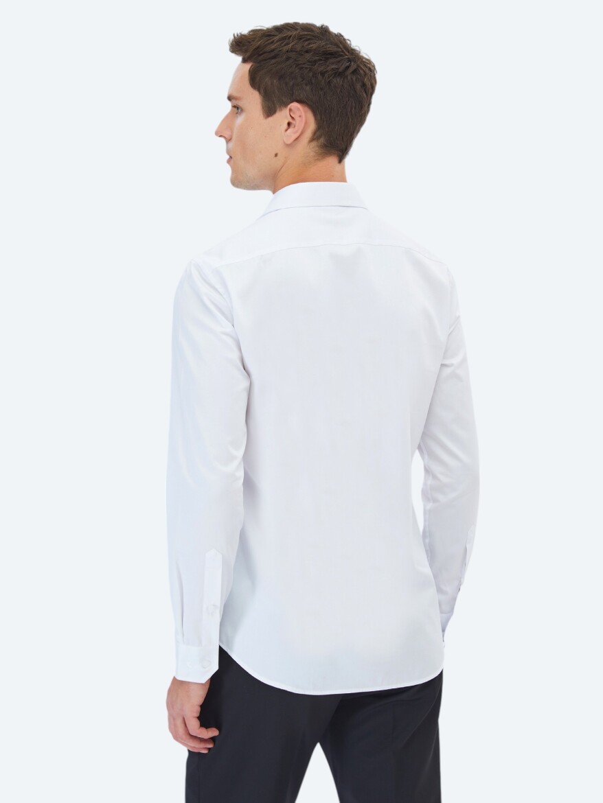 White Plain Slim Fit Weaving Classical 100% Cotton Shirt - 4