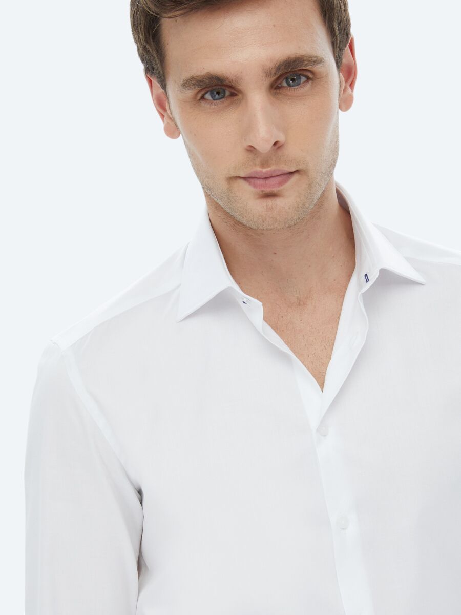 White Plain Slim Fit Weaving Classical 100% Cotton Shirt - 4
