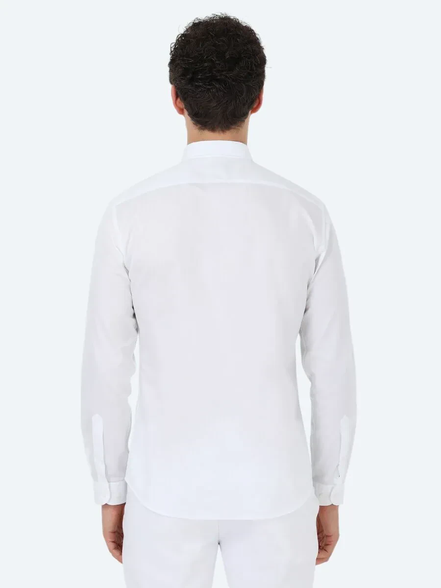 White Plain Slim Fit Weaving Classical 100% Cotton Shirt - 7