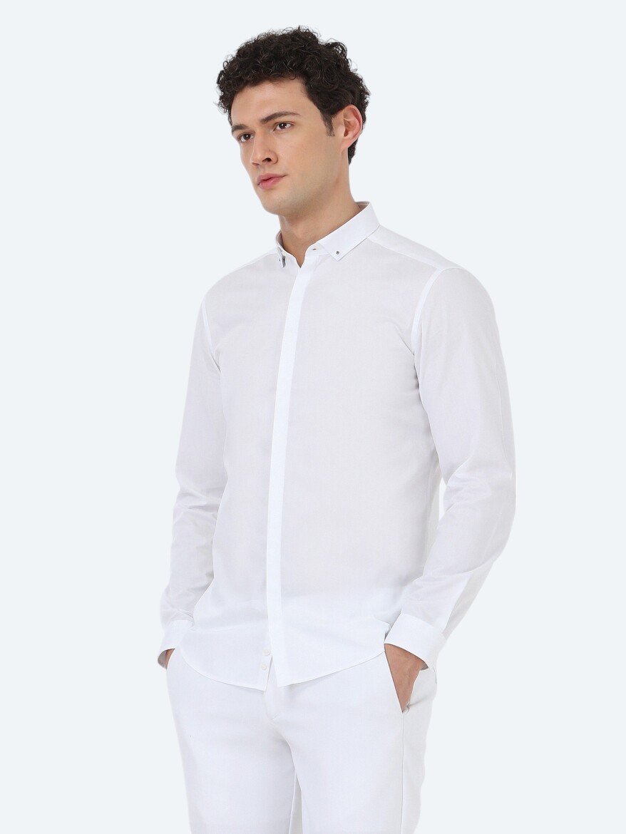 White Plain Slim Fit Weaving Classical 100% Cotton Shirt - 1