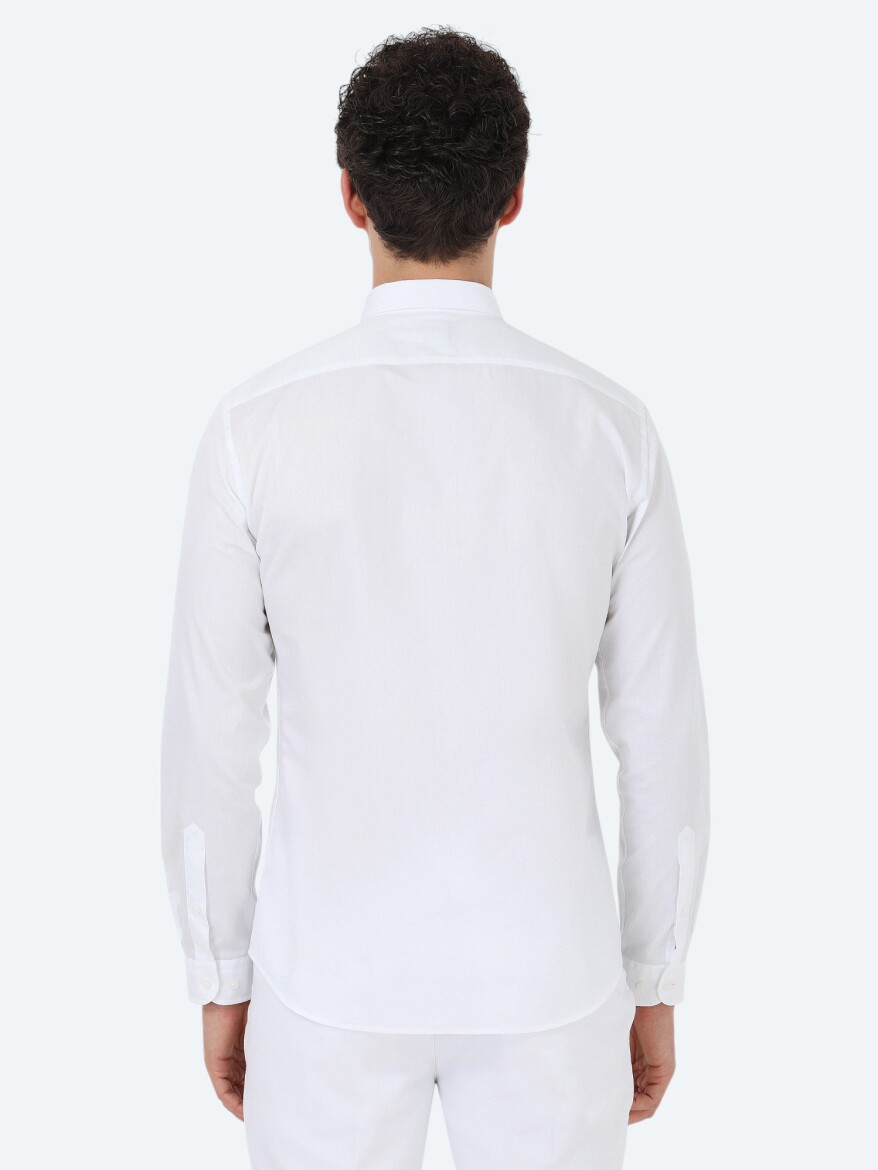 White Plain Slim Fit Weaving Classical 100% Cotton Shirt - 7