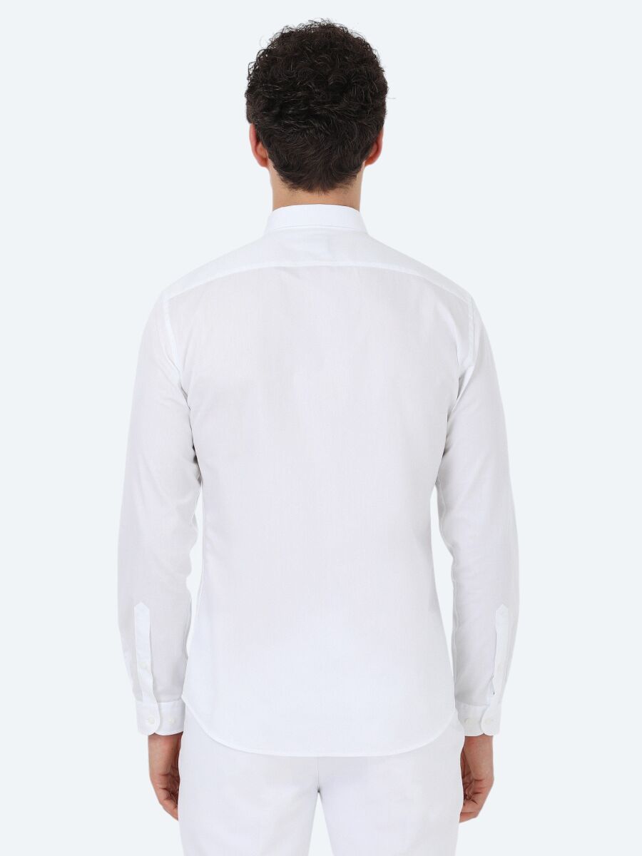 White Plain Slim Fit Weaving Classical 100% Cotton Shirt - 7