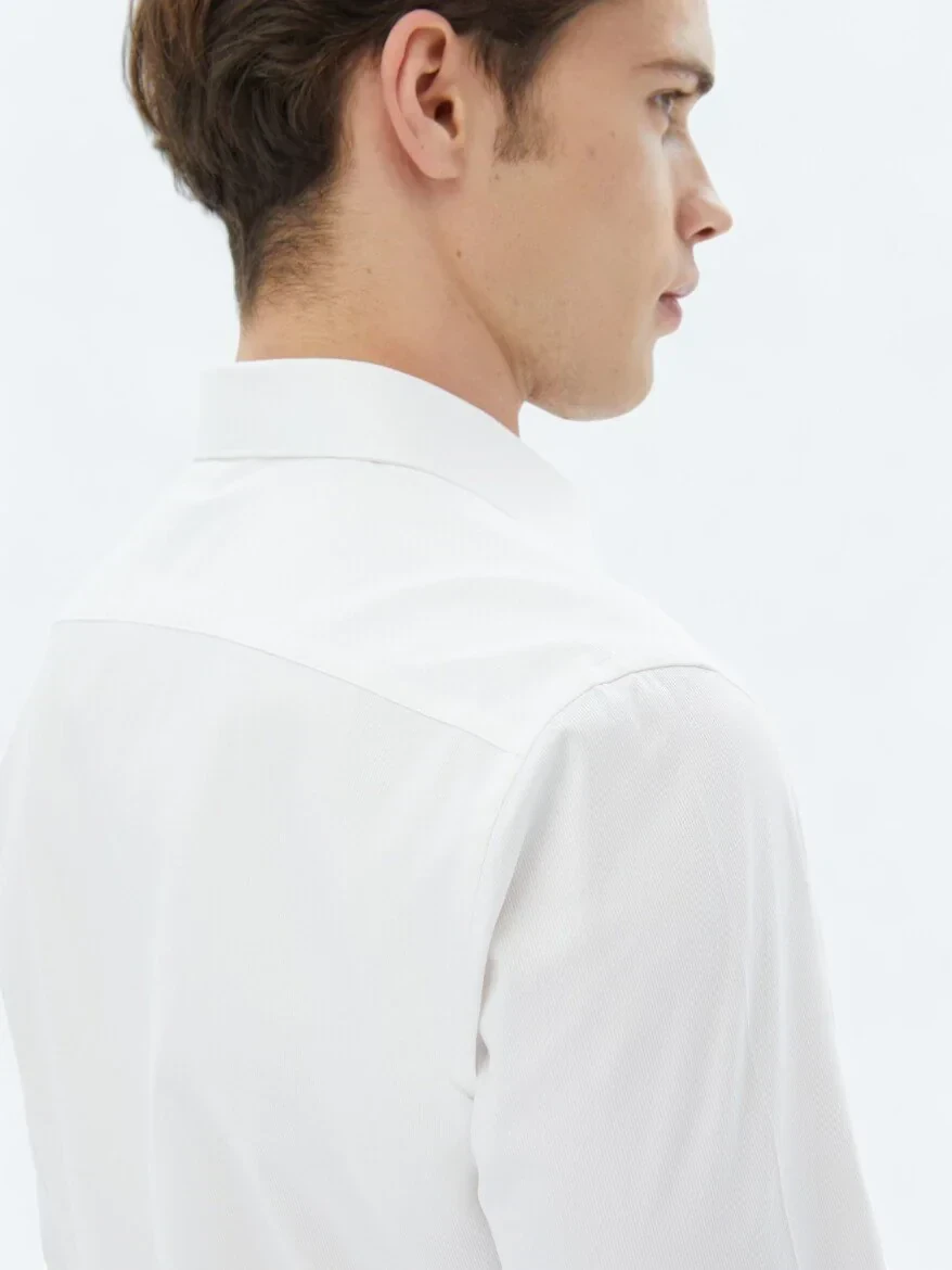 White Plain Slim Fit Weaving Classical 100% Cotton Shirt - 4
