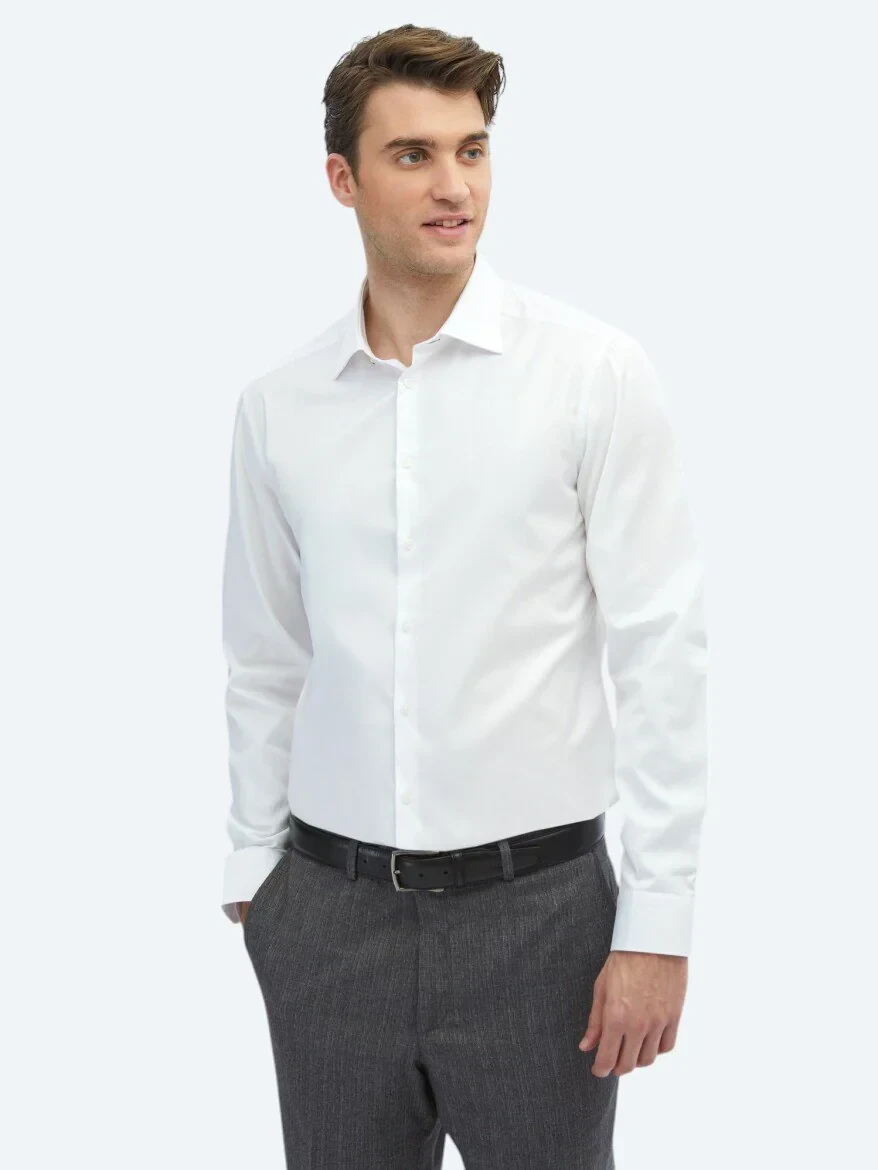 White Plain Slim Fit Weaving Classical 100% Cotton Shirt - 3