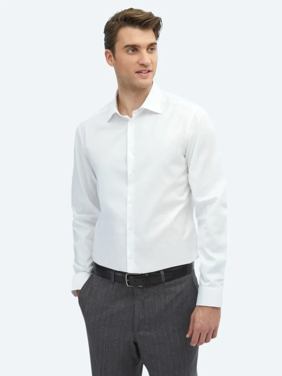 White Plain Slim Fit Weaving Classical 100% Cotton Shirt - 3