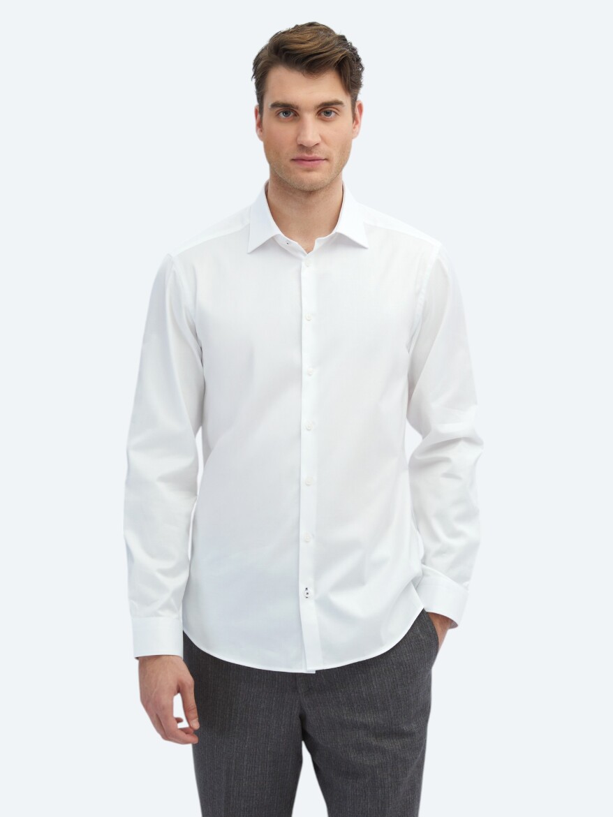 White Plain Slim Fit Weaving Classical 100% Cotton Shirt - 1