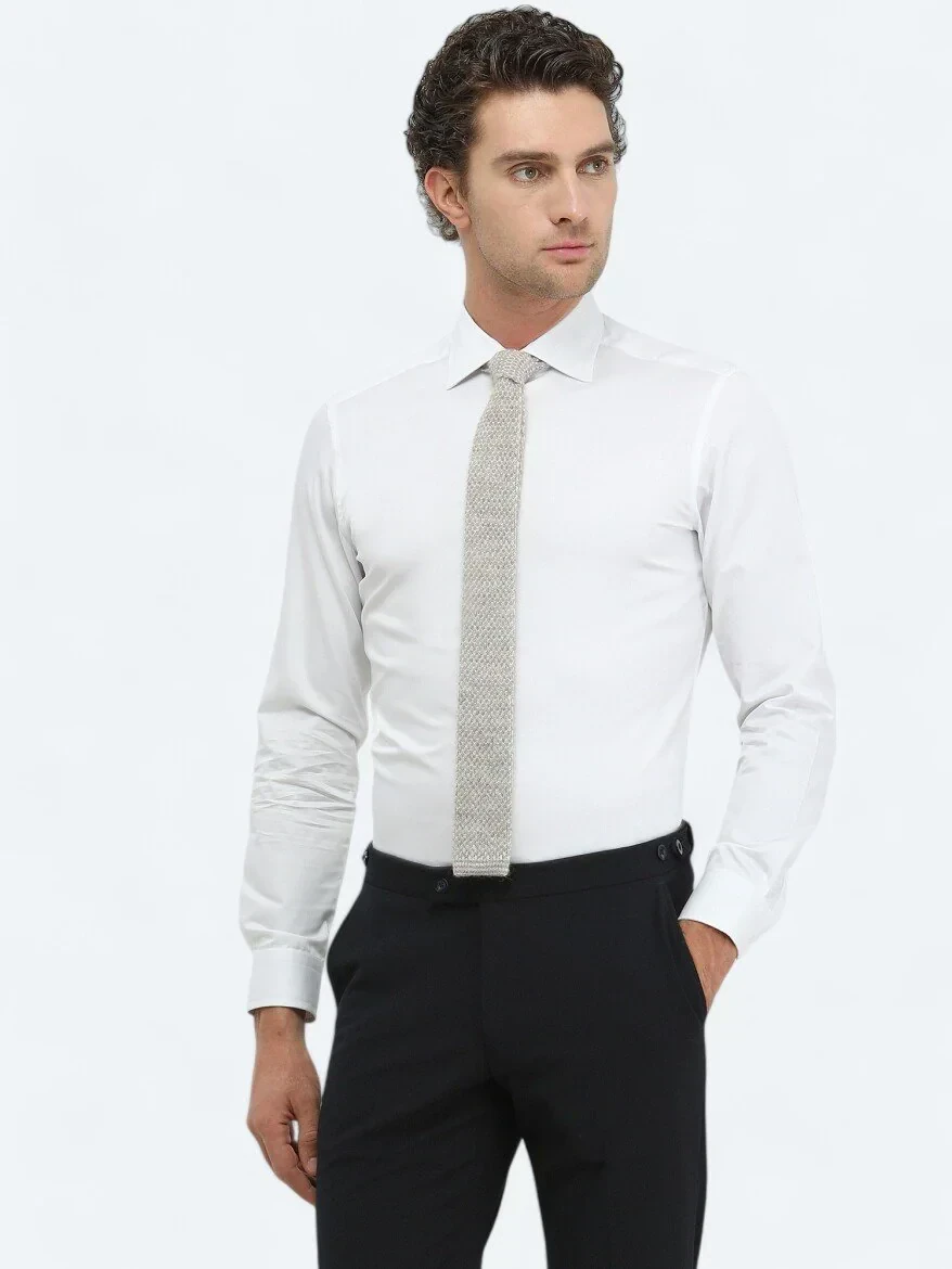 White Plain Slim Fit Weaving Classical 100% Cotton Shirt - 2