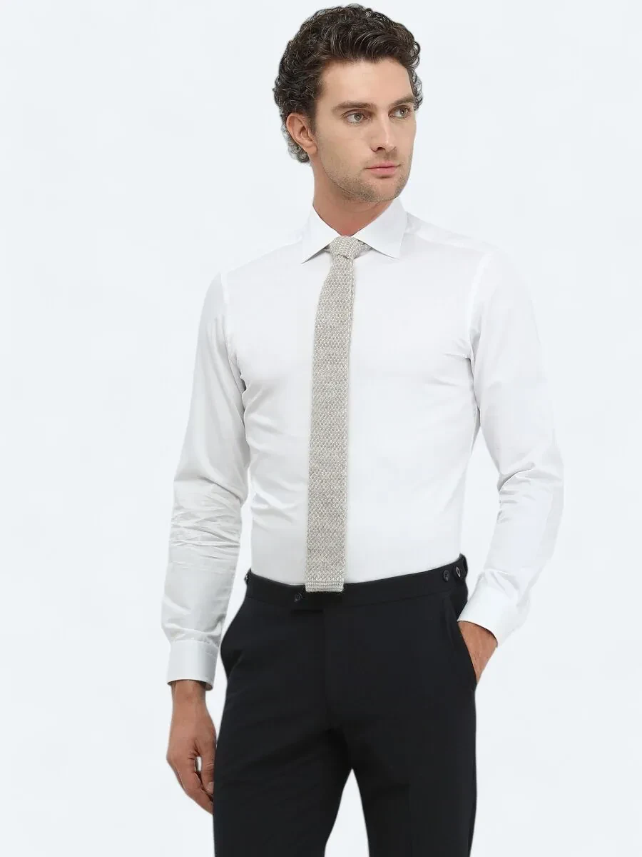 White Plain Slim Fit Weaving Classical 100% Cotton Shirt - 2