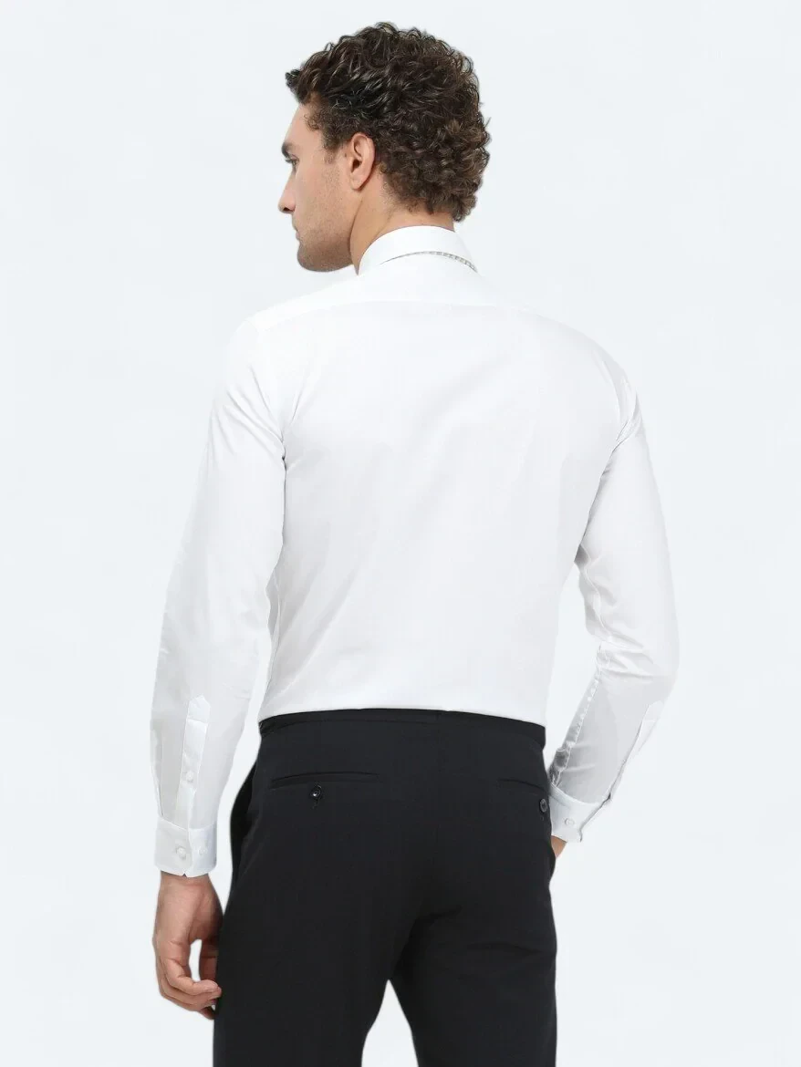 White Plain Slim Fit Weaving Classical 100% Cotton Shirt - 5