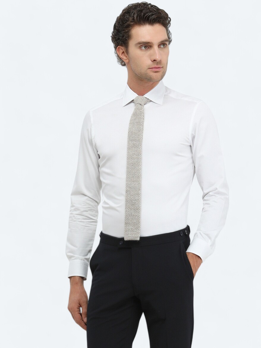 White Plain Slim Fit Weaving Classical 100% Cotton Shirt - 2