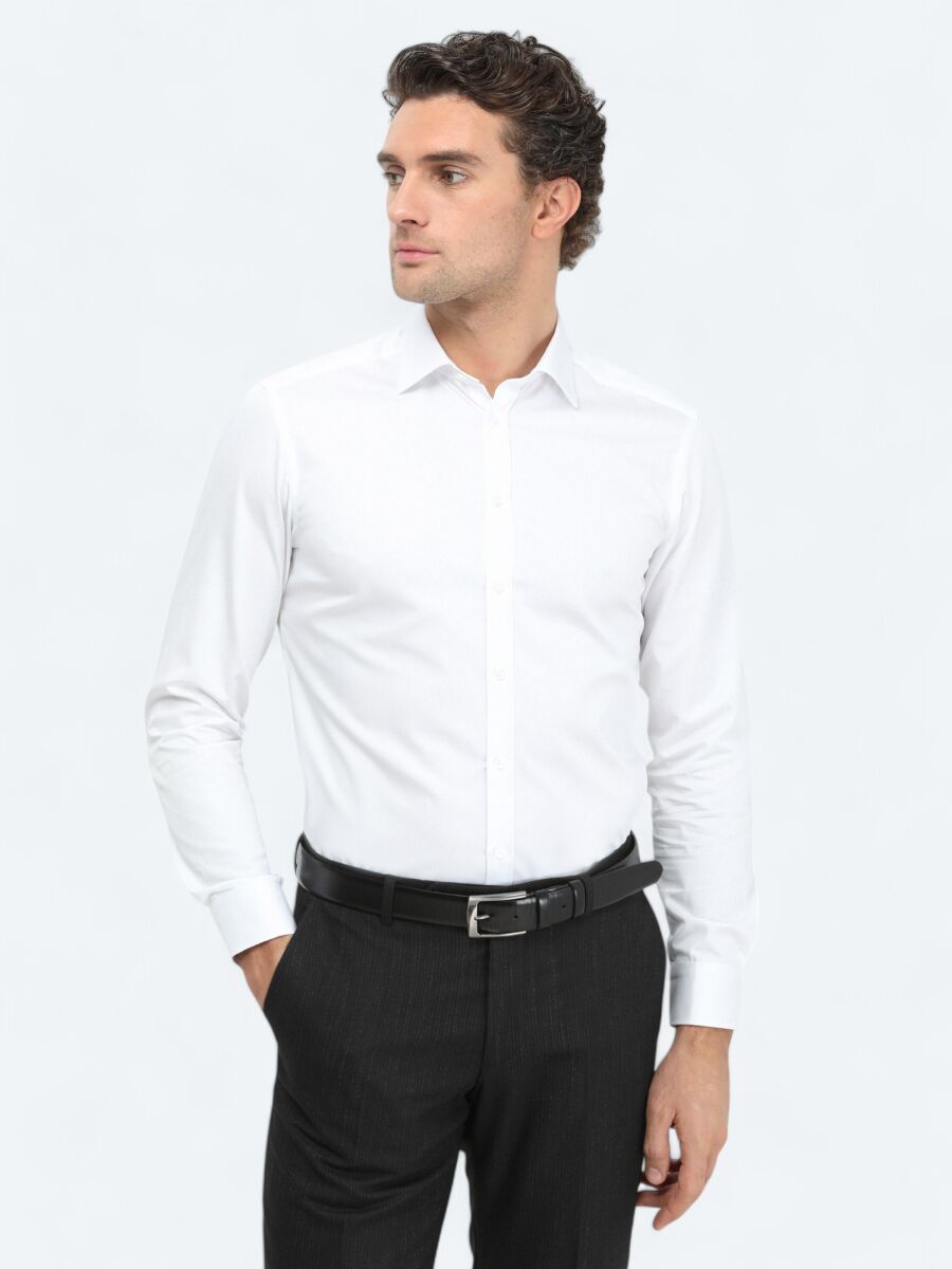 White Plain Slim Fit Weaving Classical 100% Cotton Shirt - 2