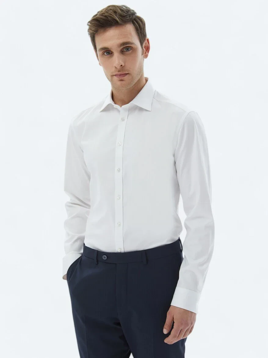 White Plain Slim Fit Weaving Classical 100% Cotton Shirt - 1