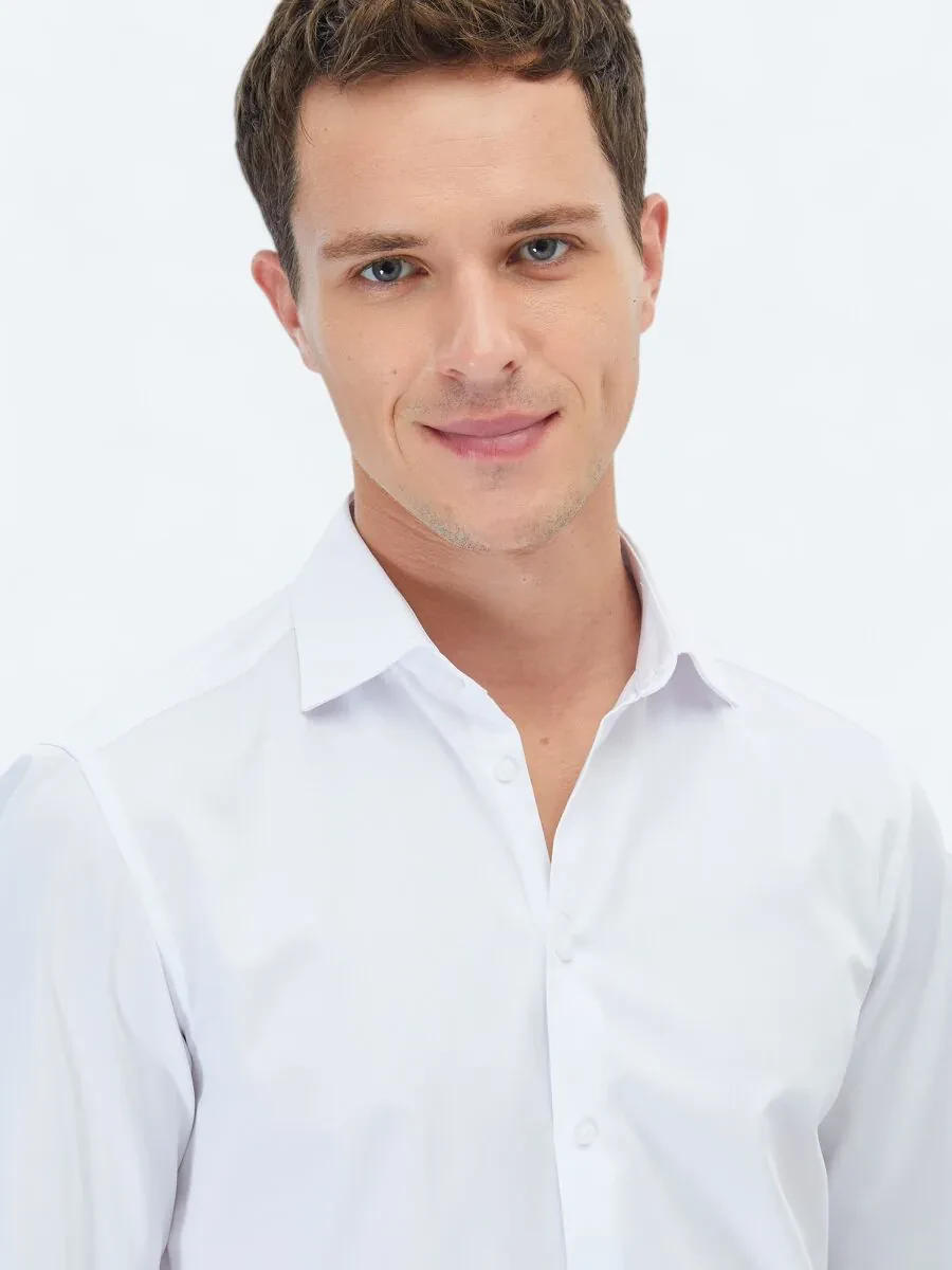 White Plain Slim Fit Weaving Classical 100% Cotton Shirt - 1