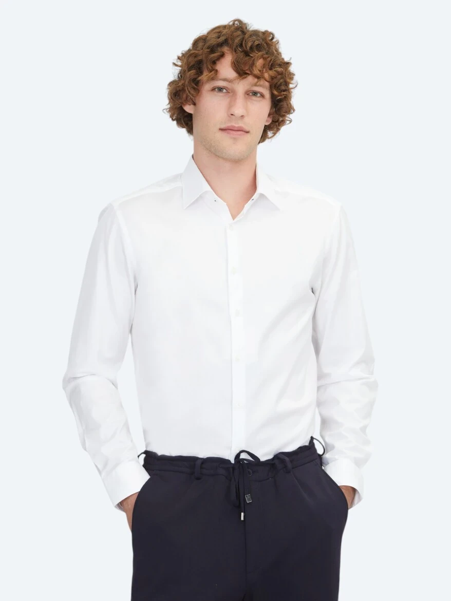 White Plain Slim Fit Weaving Classical 100% Cotton Shirt - 3