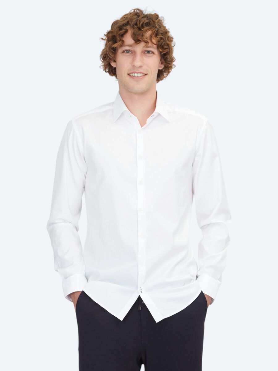 White Plain Slim Fit Weaving Classical 100% Cotton Shirt - 1