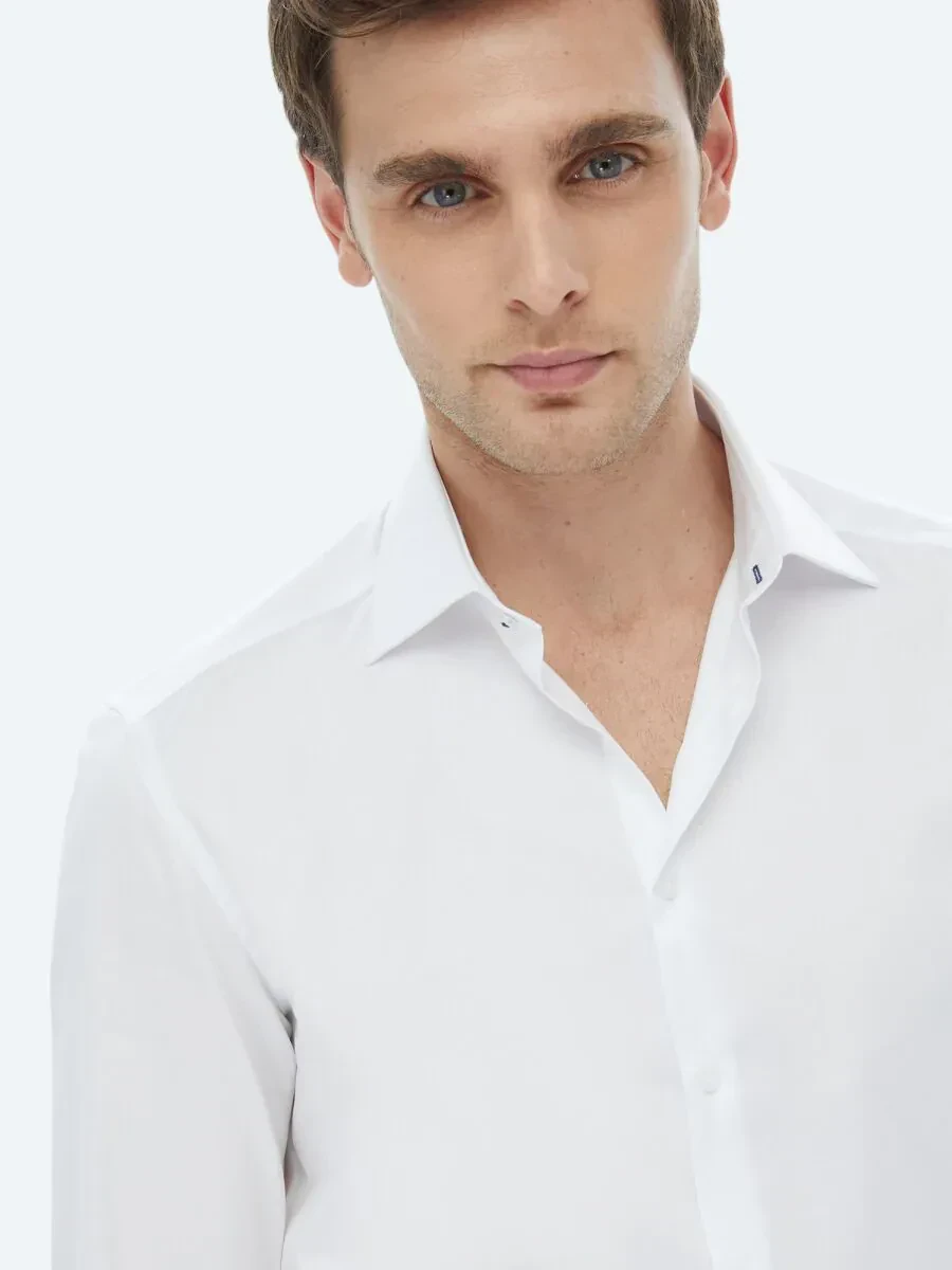 White Plain Slim Fit Weaving Classical 100% Cotton Shirt - 1