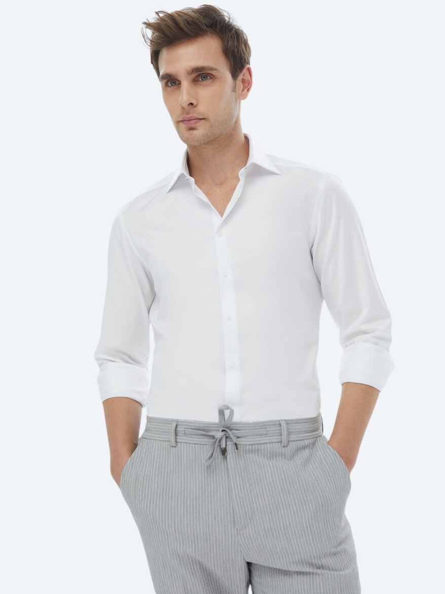 White Plain Slim Fit Weaving Classical 100% Cotton Shirt - 2