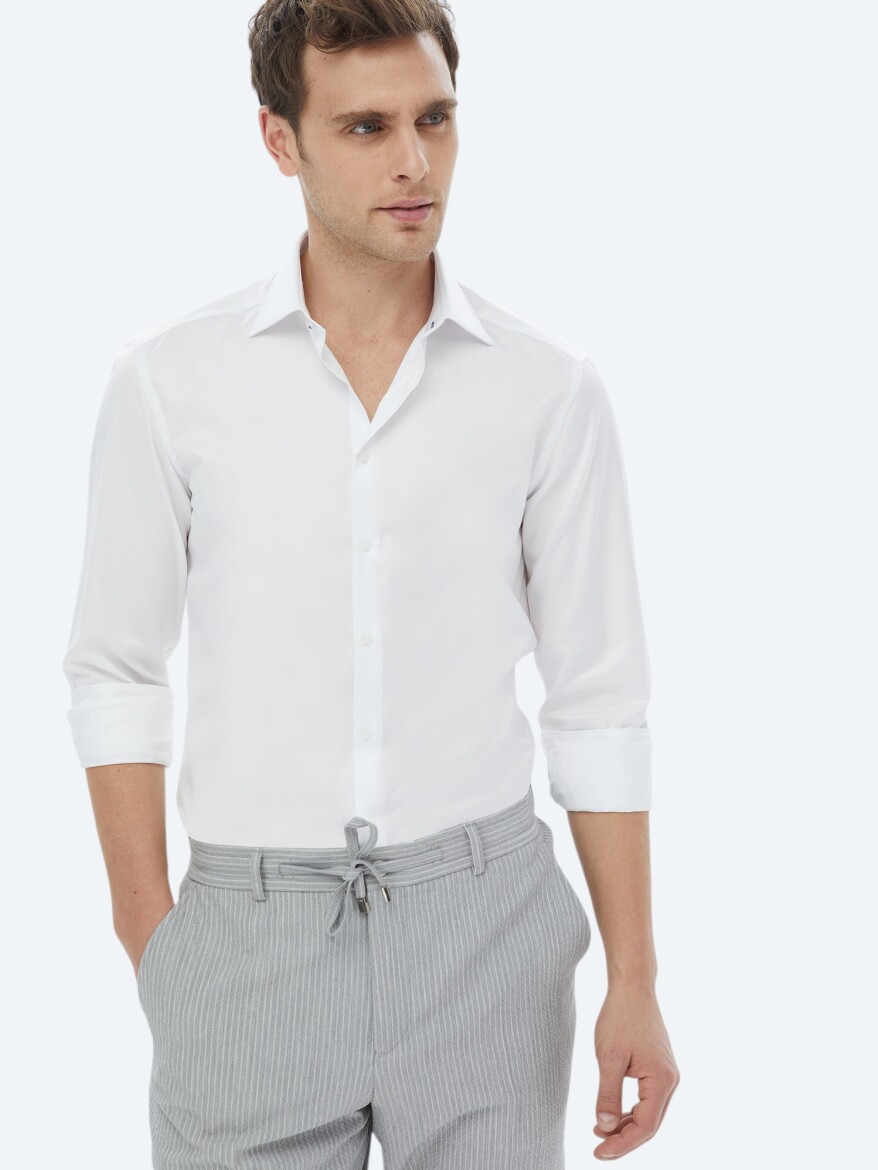 White Plain Slim Fit Weaving Classical 100% Cotton Shirt - 4
