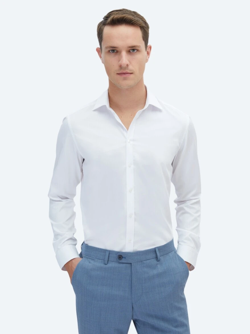 White Plain Slim Fit Weaving Classical 100% Cotton Shirt - KİP