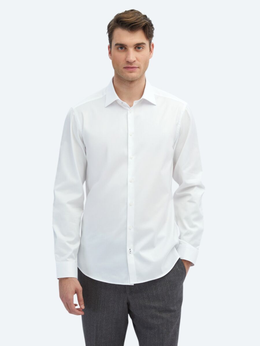 White Plain Slim Fit Weaving Classical 100% Cotton Shirt - 3