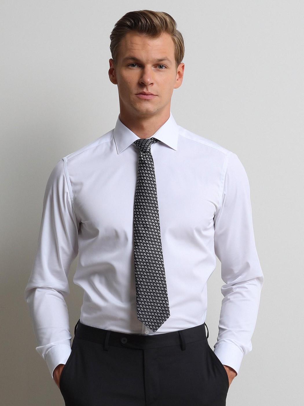 White Plain Slim Fit Weaving Classical Cotton Blended Shirt - 4