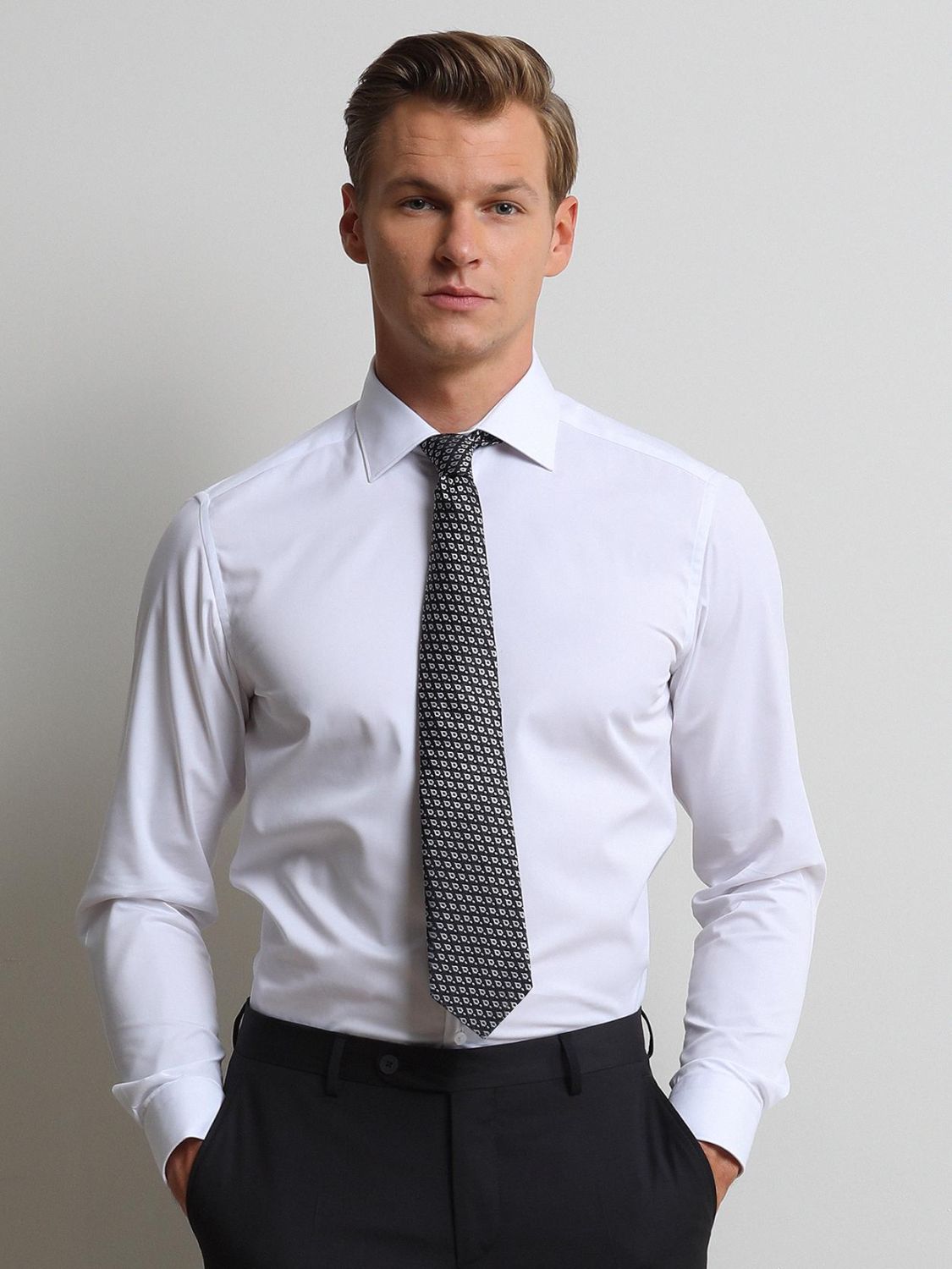 White Plain Slim Fit Weaving Classical Cotton Blended Shirt - 4