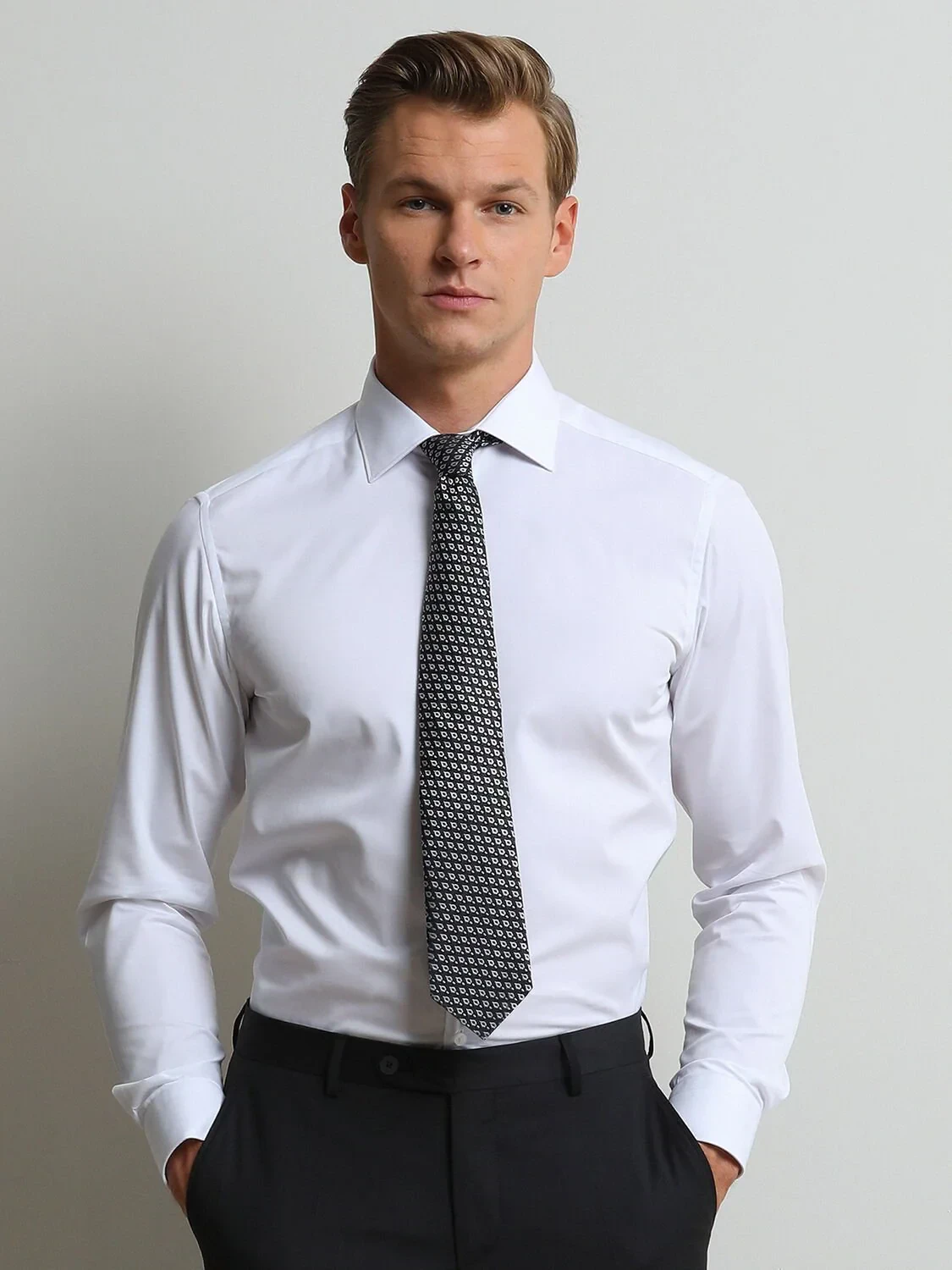 White Plain Slim Fit Weaving Classical Cotton Blended Shirt - 2