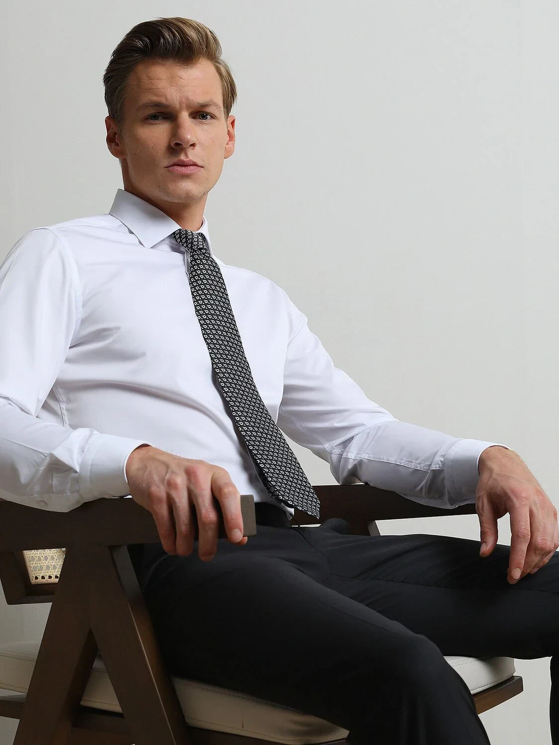 White Plain Slim Fit Weaving Classical Cotton Blended Shirt - 3