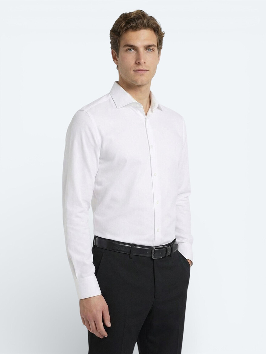White Plain Slim Fit Weaving Classical Cotton Blended Shirt - 1