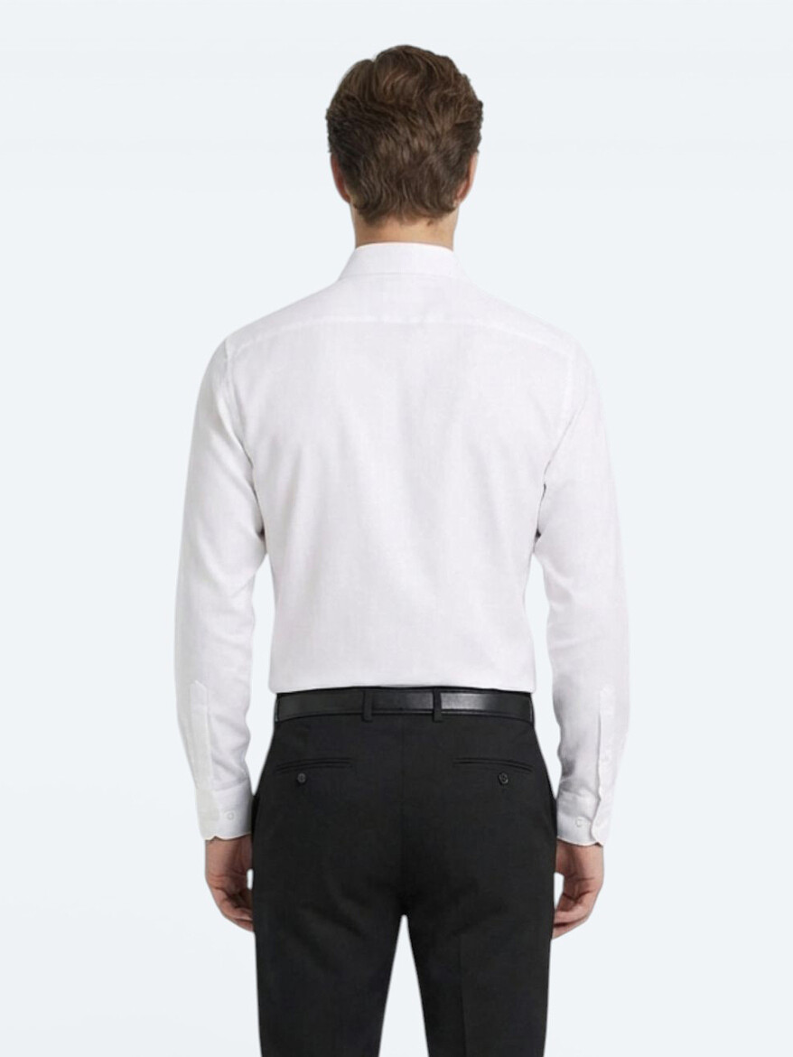 White Plain Slim Fit Weaving Classical Cotton Blended Shirt - 5