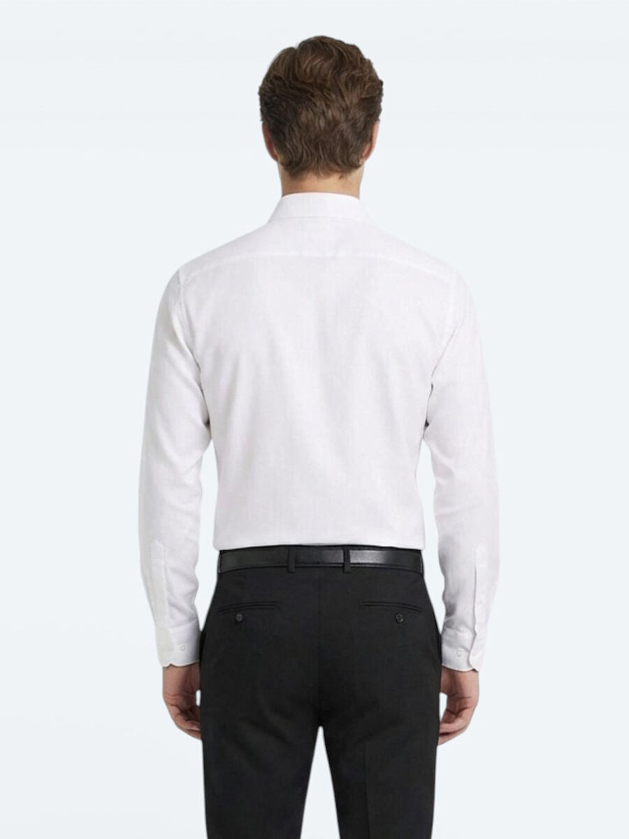 White Plain Slim Fit Weaving Classical Cotton Blended Shirt - 5