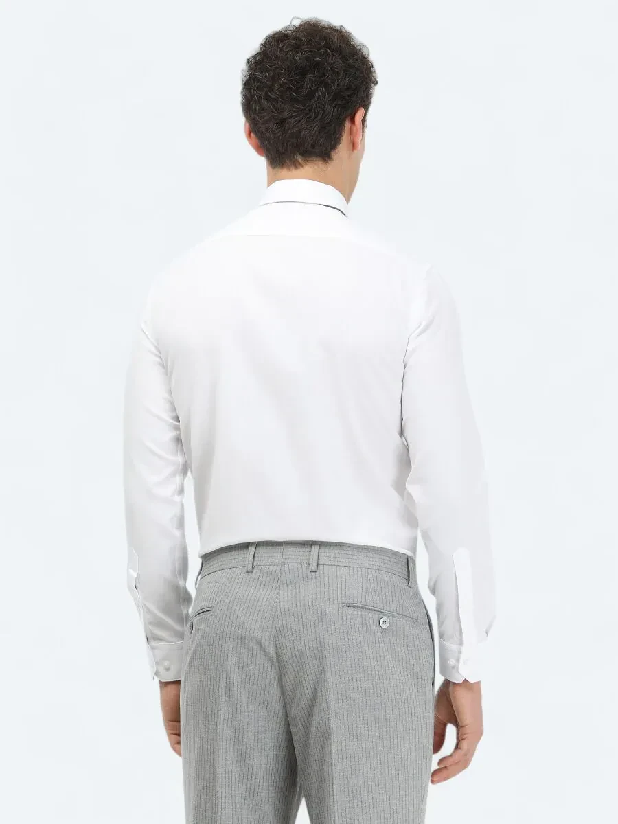 White Plain Slim Fit Weaving Classical Cotton Blended Shirt - 6
