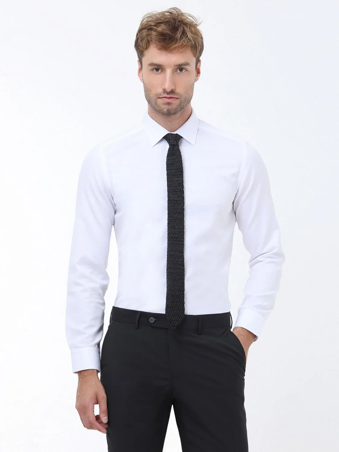 White Plain Slim Fit Weaving Classical Cotton Blended Shirt - 1