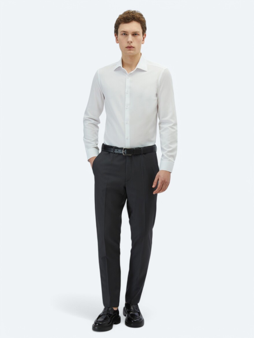 White Plain Slim Fit Weaving Classical Cotton Blended Shirt - 2