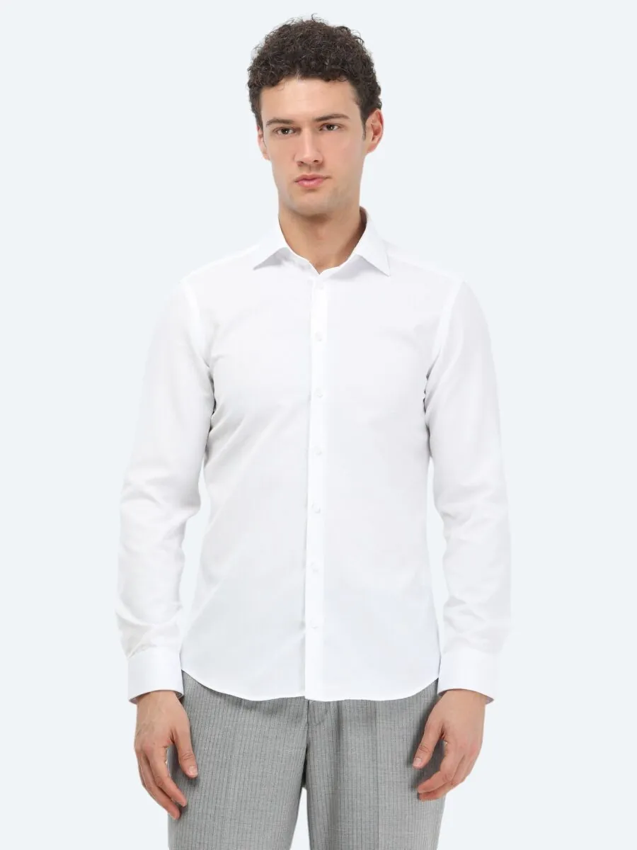 White Plain Slim Fit Weaving Classical Cotton Blended Shirt - 1