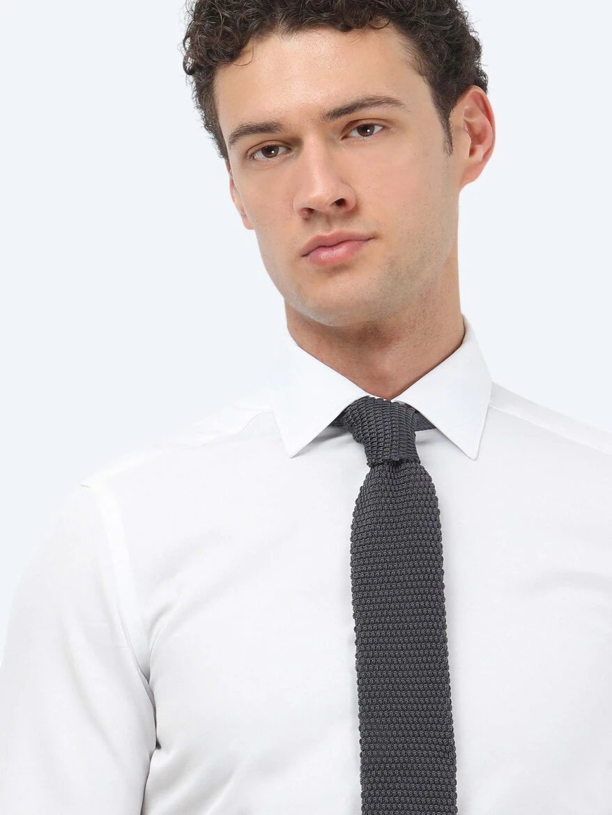 White Plain Slim Fit Weaving Classical Cotton Blended Shirt - 3